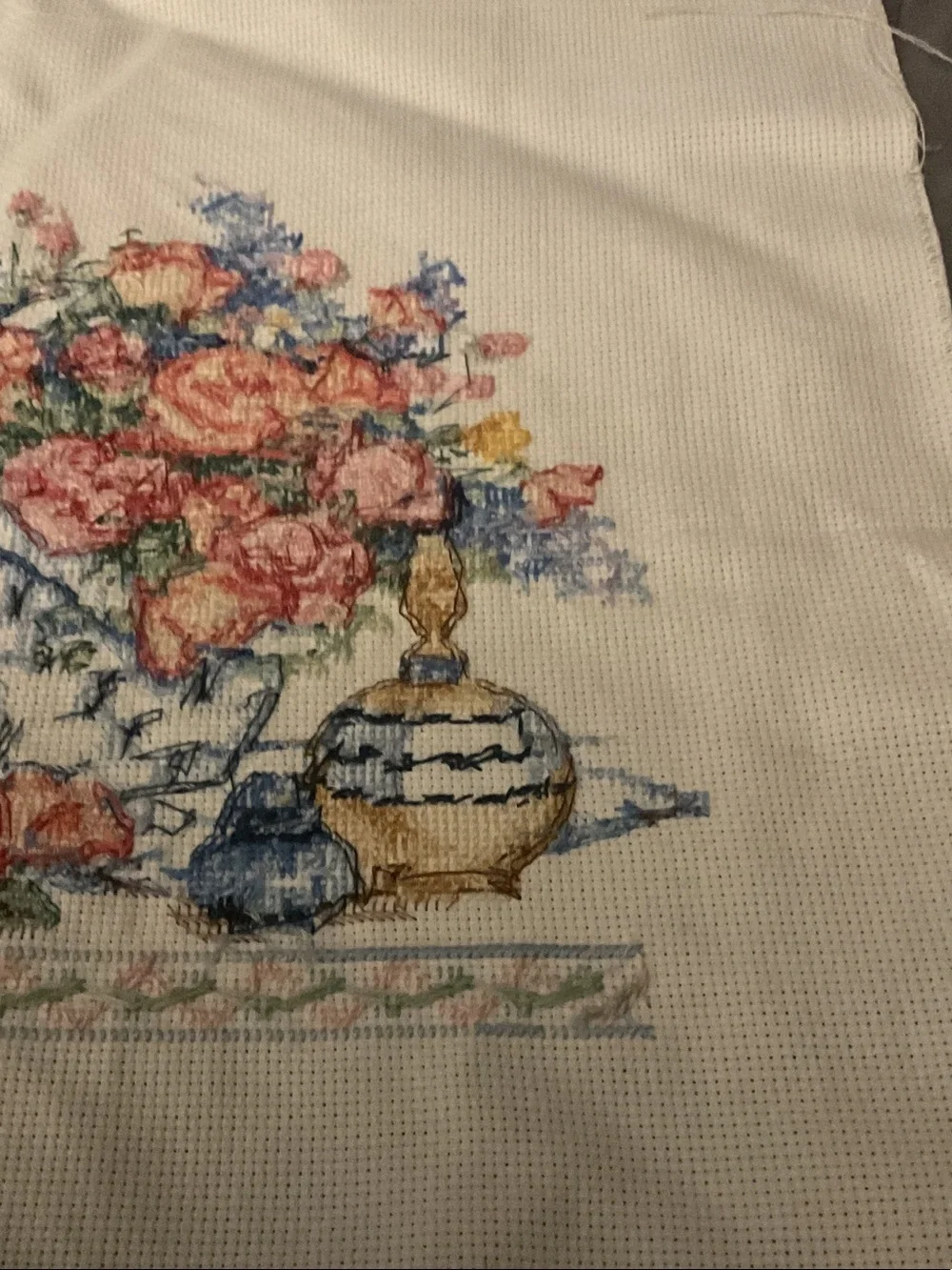 Hand-Embroidered Floral Still Life Cross-Stitch - Pink and Blue